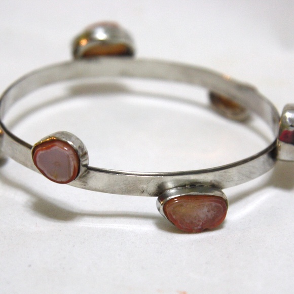 Chunky Natural Bezel Set Agate Bangle Bracelet in Solid Sterling Silver - Picture 3 of 6